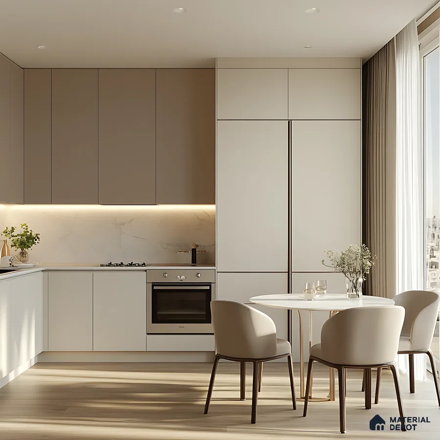 Modern Light-Colored Kitchen with Built-In Dining and Natural Lighting | Material Depot