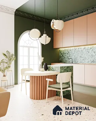 Light Pink Laminates Kichen Unit With Green Terrazzo | Material Depot