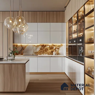 Light Wood and Golden Marble: A Symphony of Natural Textures in a Contemporary Kitchen | Material Depot