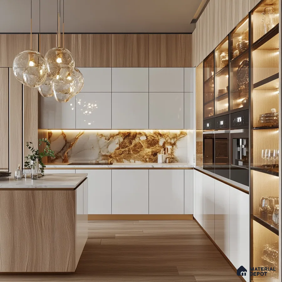 Light Wood and Golden Marble: A Symphony of Natural Textures in a Contemporary Kitchen | Material Depot