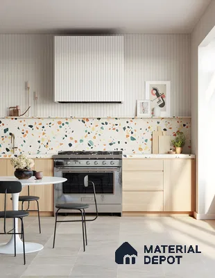 Light Wood Kitchen With Bold Terrazzo Backsplash And Vertical Paneling | Material Depot