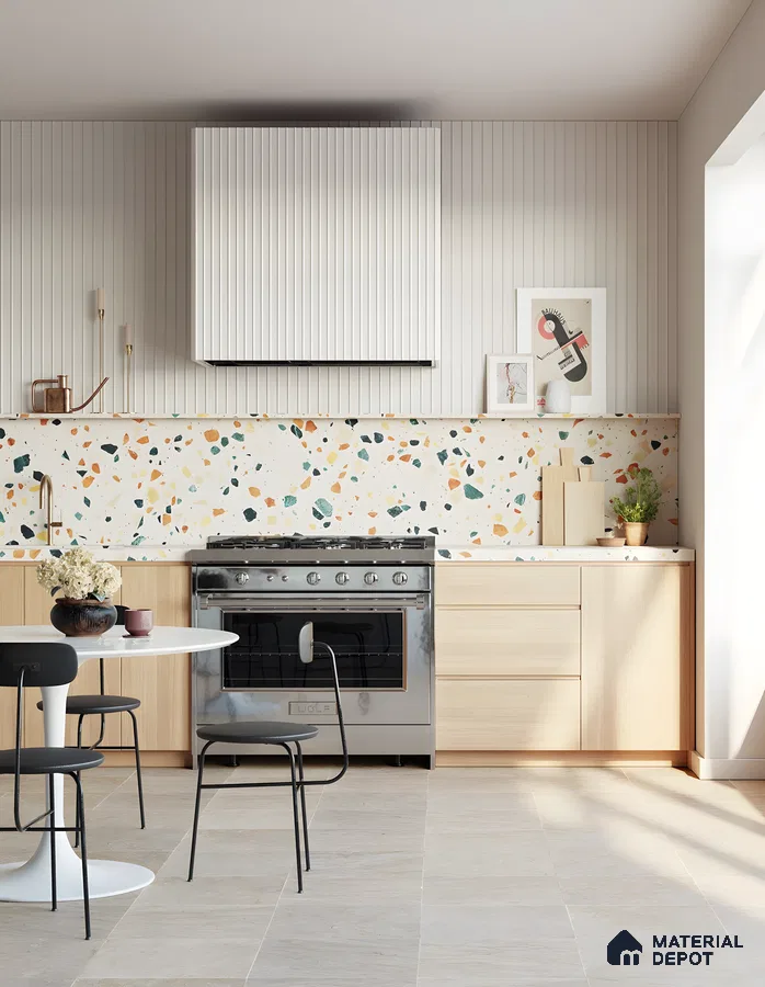Light Wood Kitchen With Bold Terrazzo Backsplash And Vertical Paneling | Material Depot