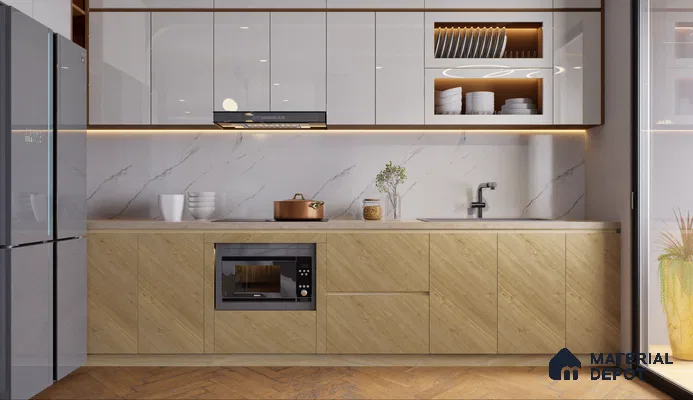 Light Wooden Laminate Cabinets with Marble Backsplash for Sleek Kitchen Design | Material Depot