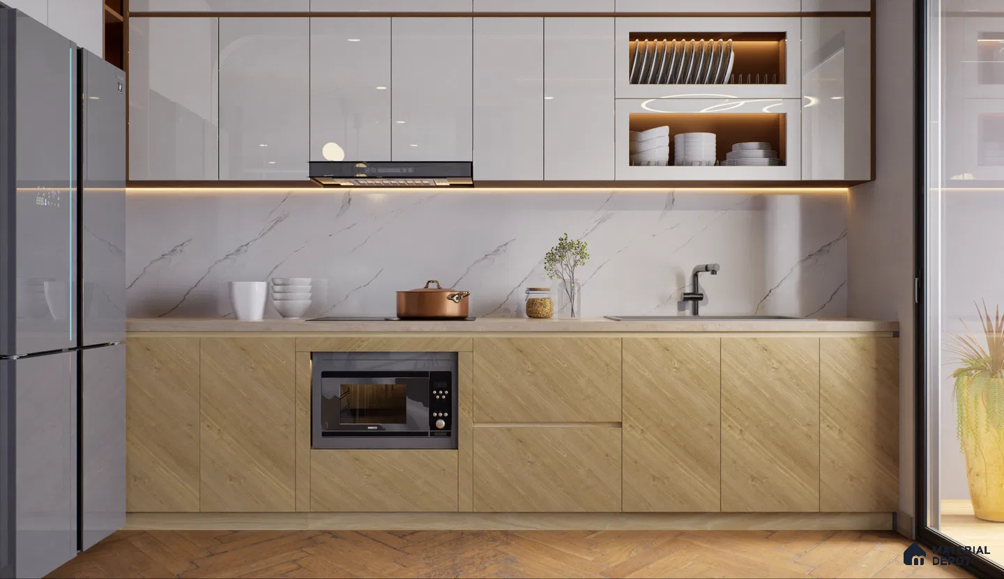 Light Wooden Laminate Cabinets with Marble Backsplash for Sleek Kitchen Design | Material Depot