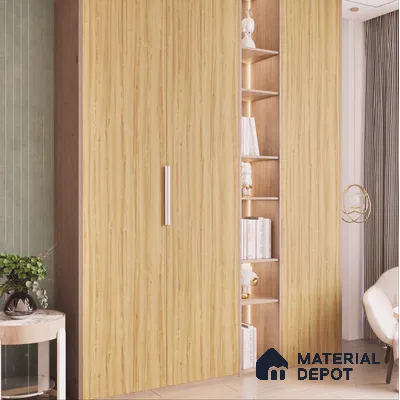 Light Wooden Laminate Wardrobe with Open Bookshelf for Modern Bedroom Design | Material Depot