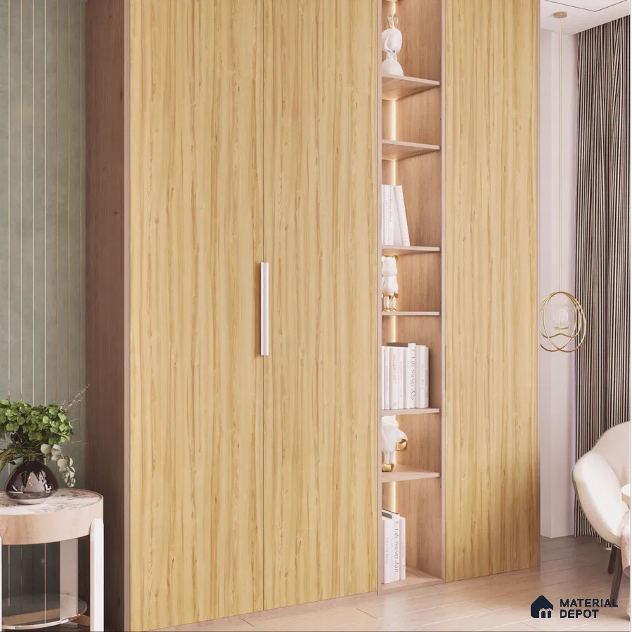 Light Wooden Laminate Wardrobe with Open Bookshelf for Modern Bedroom Design | Material Depot
