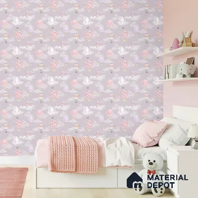 A close-up of a Balloons of Blooms, Adorable Hot Air Balloon Wallpaper for Girls Room, Lilac 19.6 Inches(W) x 420 Inches(H) Atarangi Series Patterned Patterned - 57 Sq. Ft. with a finish available at Material Depot in Bangalore