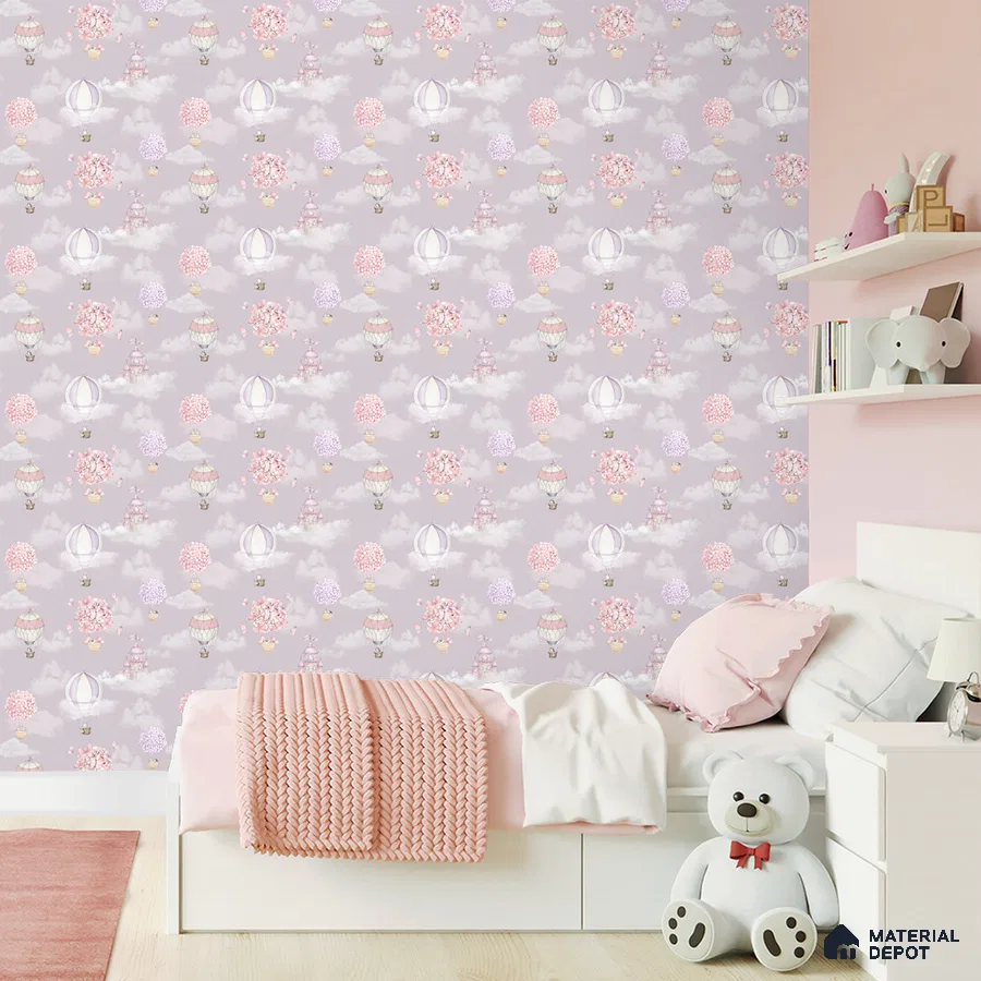A close-up of a Balloons of Blooms, Adorable Hot Air Balloon Wallpaper for Girls Room, Lilac 19.6 Inches(W) x 420 Inches(H) Atarangi Series Patterned Patterned - 57 Sq. Ft. with a finish available at Material Depot in Bangalore