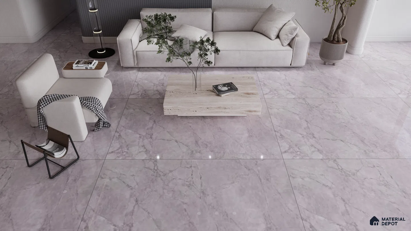 Lilac Grey Marble Look Tiles in a Chic Contemporary Living Room | Material Depot