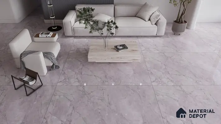 Lilac Grey Marble Look Tiles in a Chic Contemporary Living Room | Material Depot