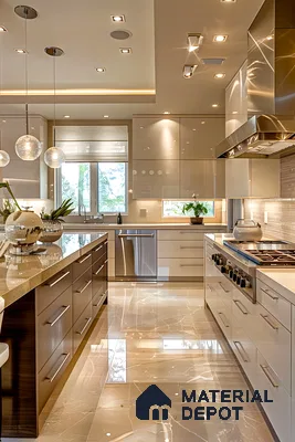 Linear Elegance: Sleek Modern Lighting in a Stylish Parallel Kitchen Design | Material Depot
