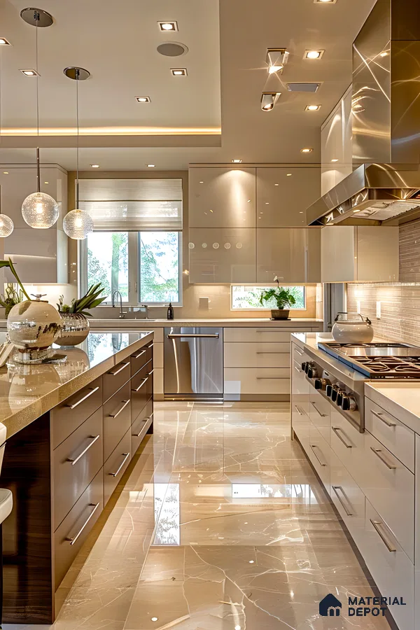 Linear Elegance: Sleek Modern Lighting in a Stylish Parallel Kitchen Design | Material Depot
