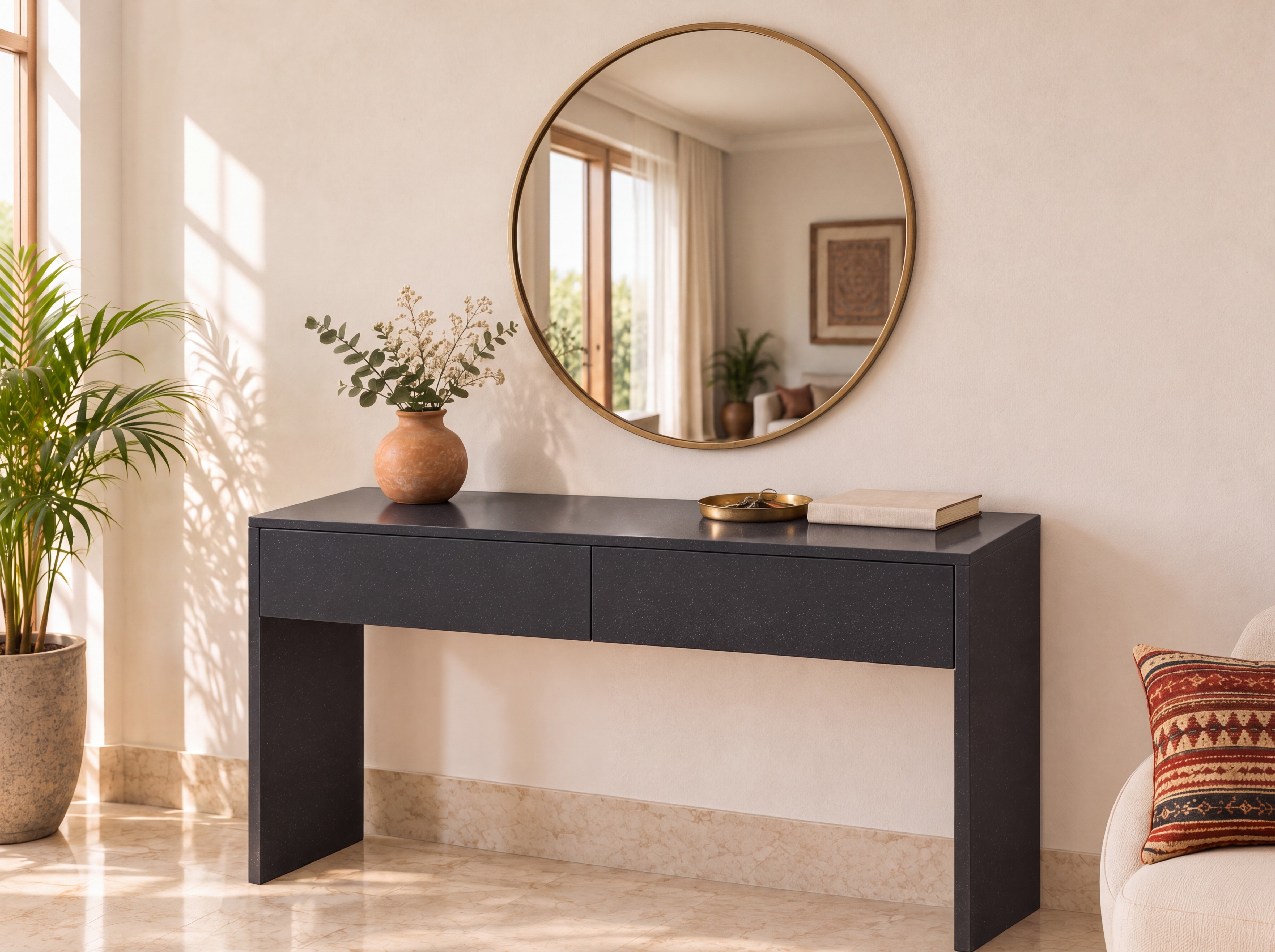 Living Room Console with Black Magic Sparkle High-Gloss Laminate and Crema Marfil Marble Floor