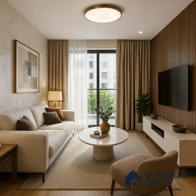 Living room design for 2BHK apartment in Whitefield Prestige Somerville | Material Depot