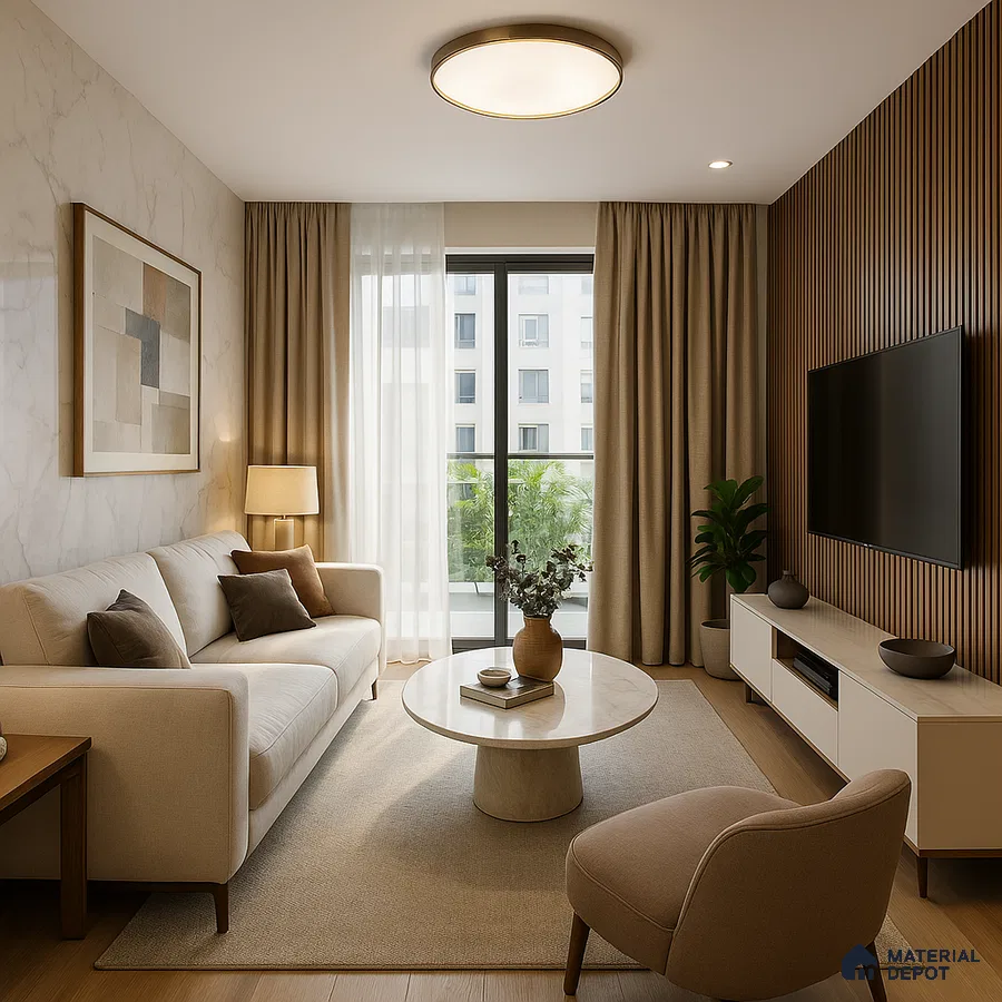 Living room design for 2BHK apartment in Whitefield Prestige Somerville | Material Depot