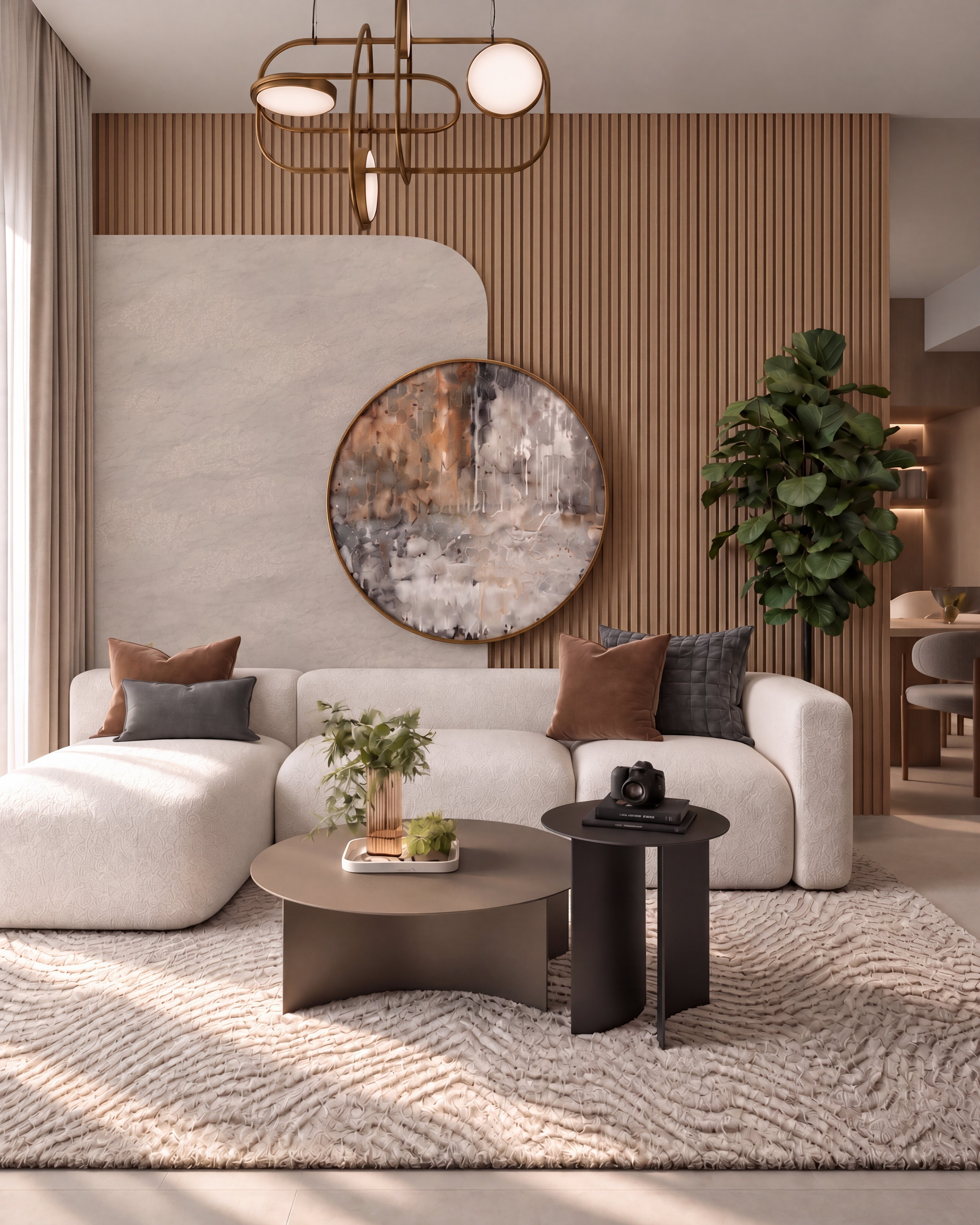 Living Room Feature Wall with Almond Clay Stonery Texture Laminate and Wooden Louvers