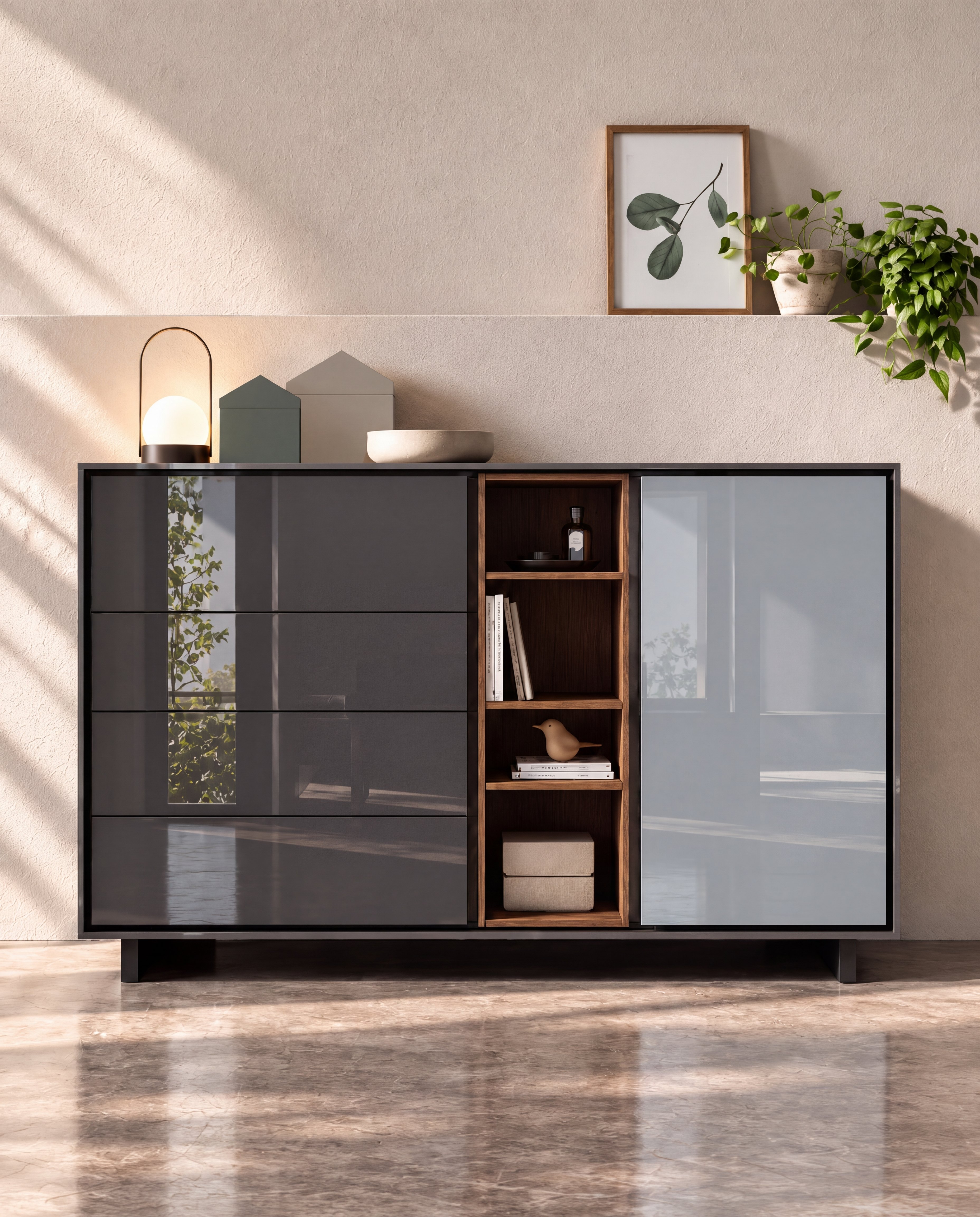 Living Room Sideboard with Carbon Grey and Neutral Grey High-Gloss Laminate