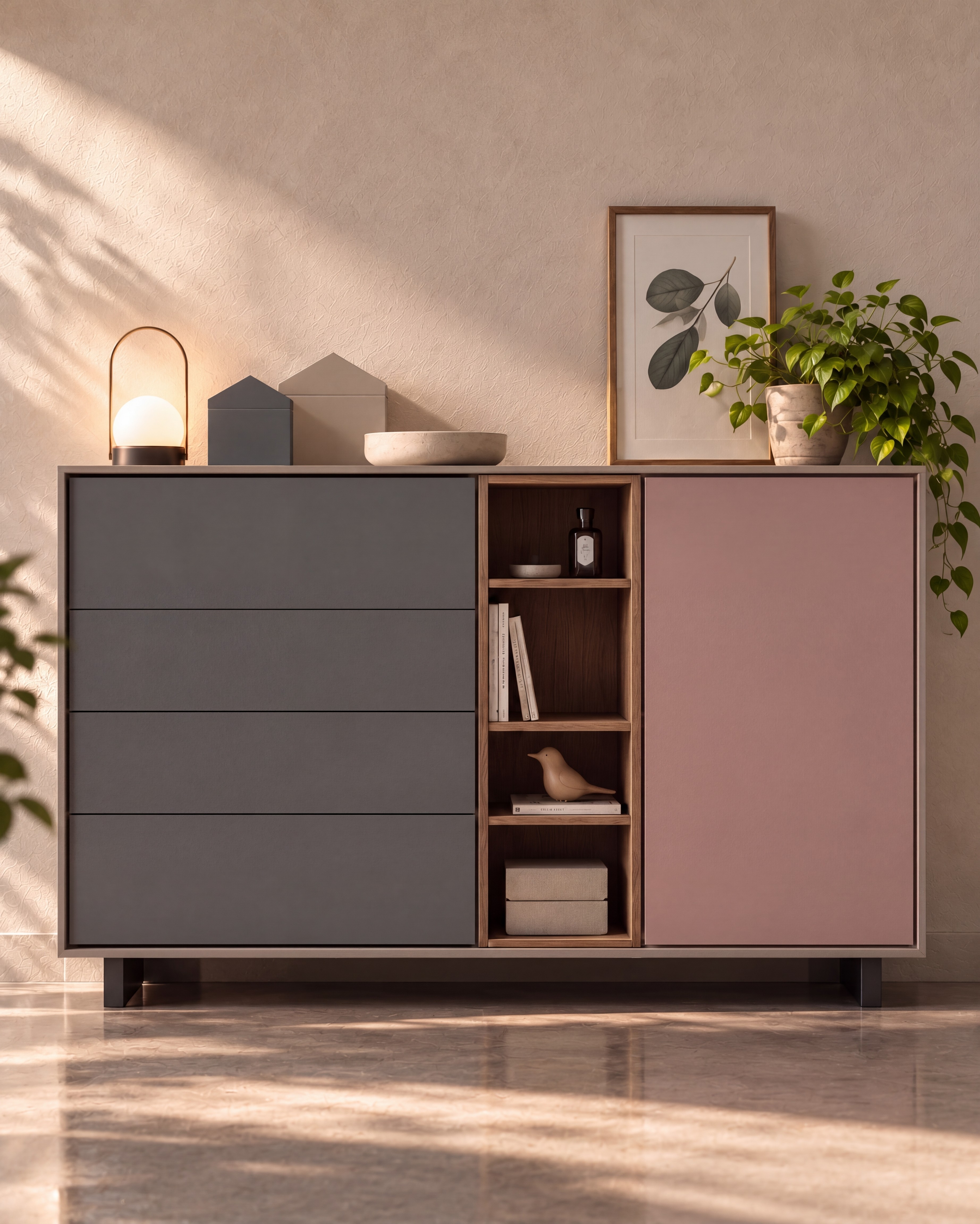 Living Room Sideboard with Dusty Pink and Titanium Grey Suede Laminate
