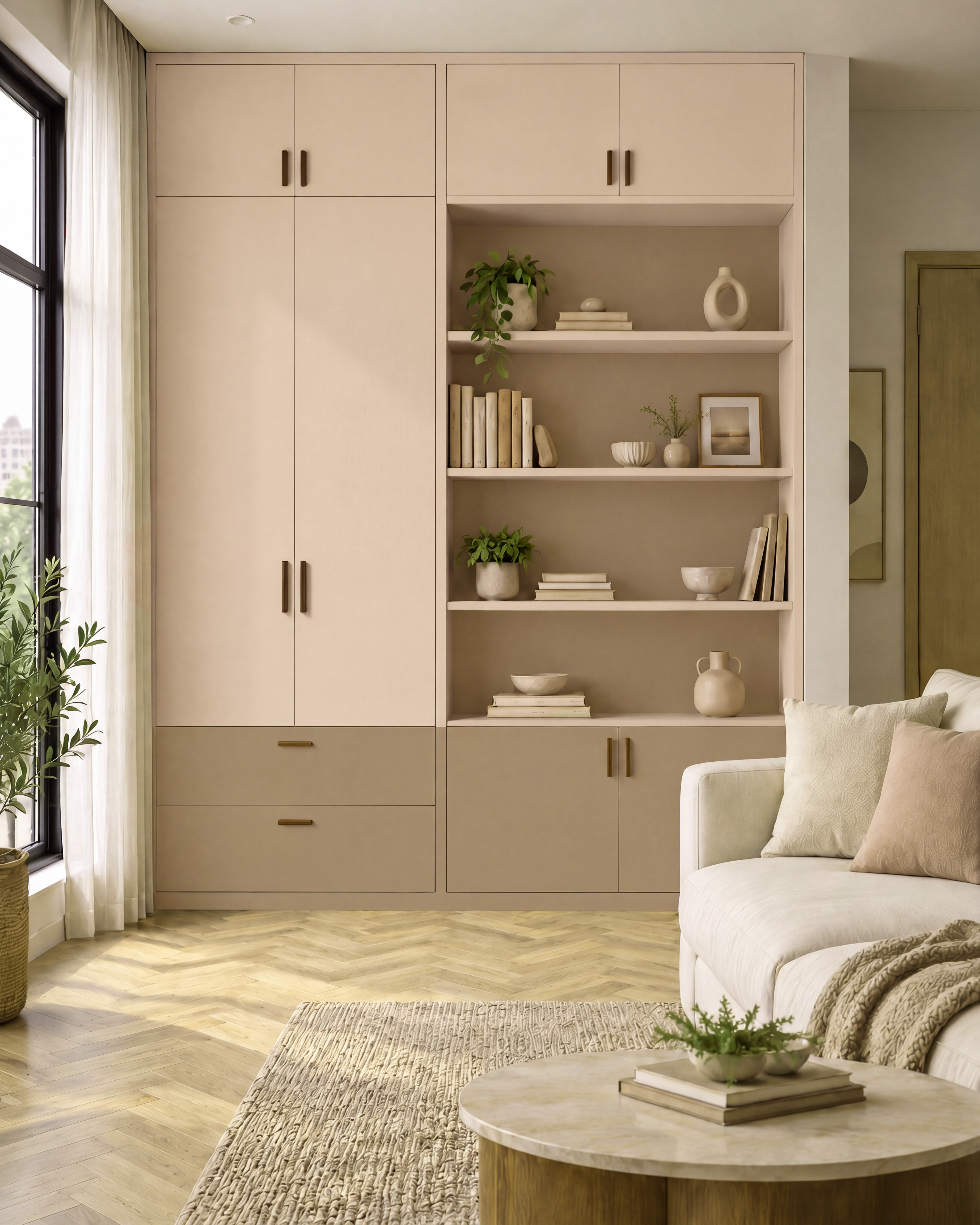 Living Room Storage Unit with Blush Pink and Almond Matte Laminate