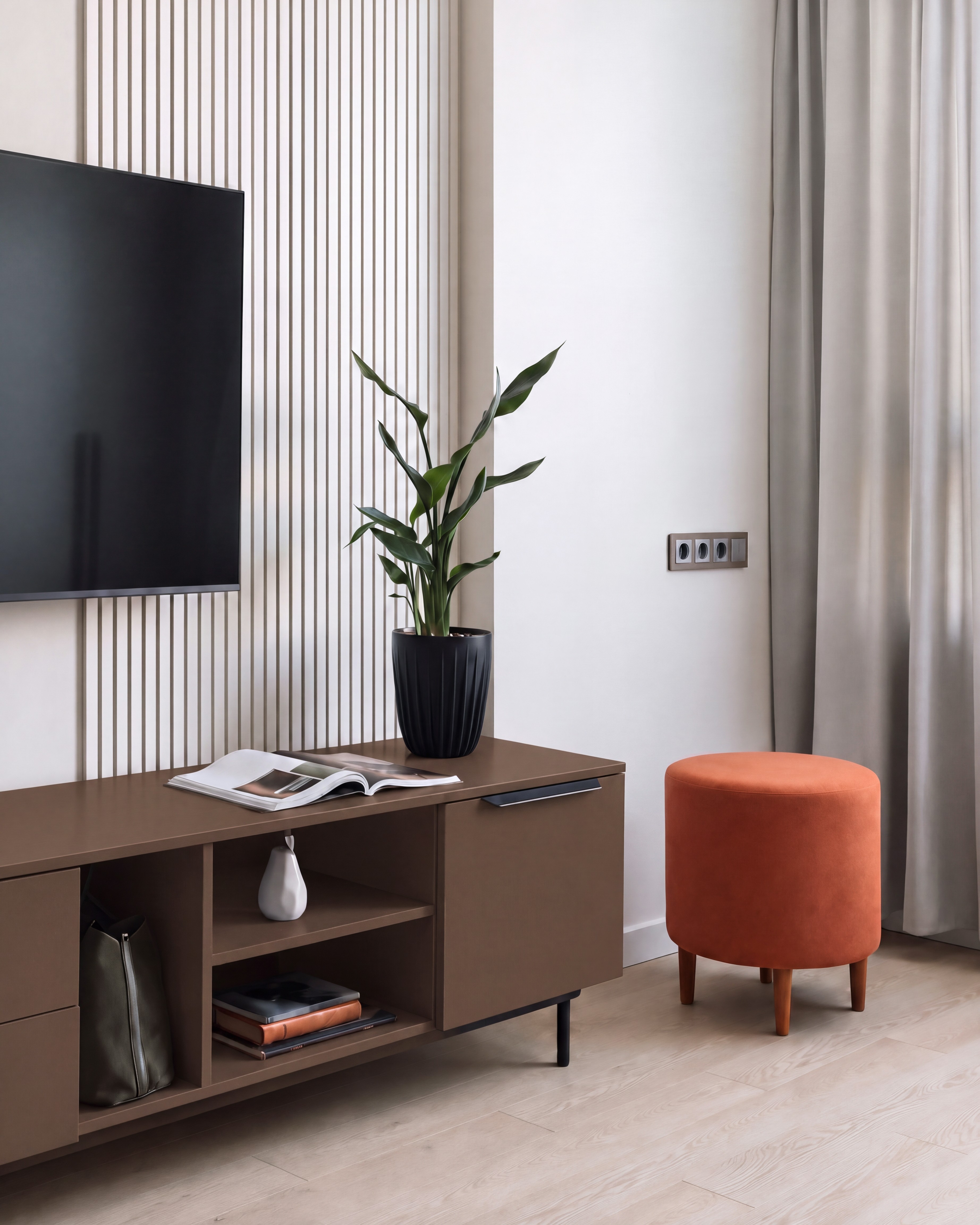 Living Room TV Console with Dark Mocha Suede Laminate