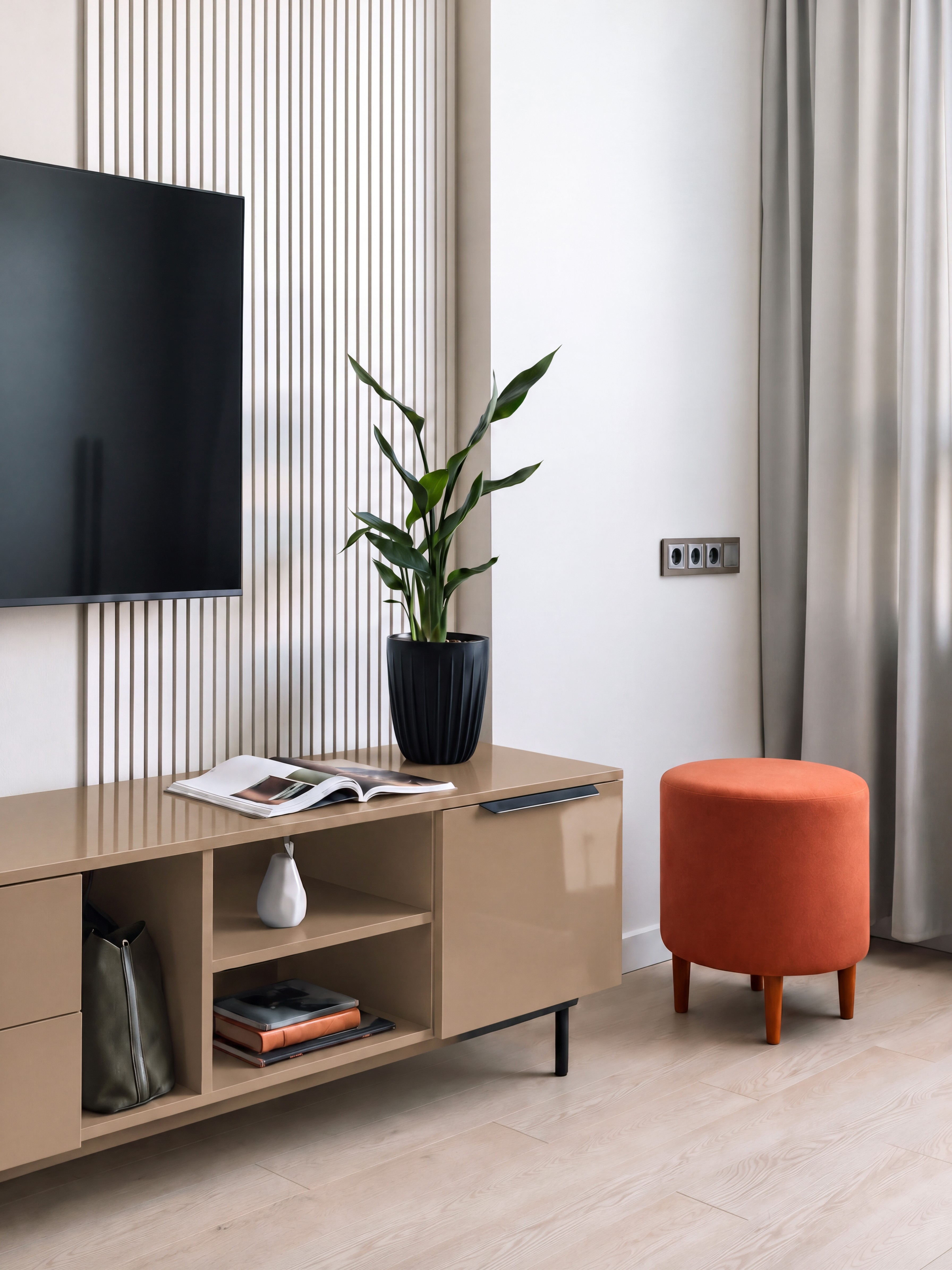 Living Room TV Console with Latte Beige High-Gloss Laminate