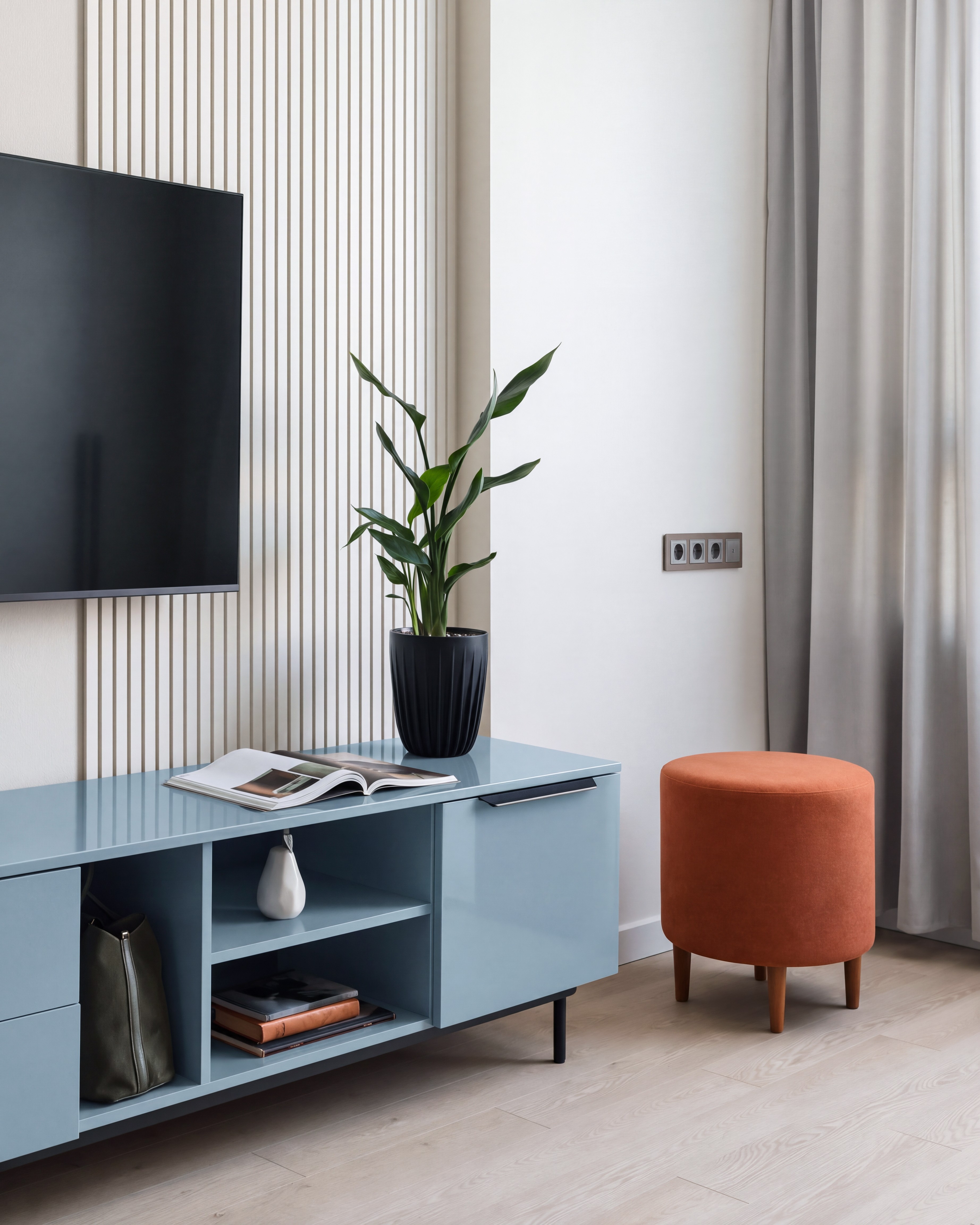 Living Room TV Console with Ocean Blue High-Gloss Laminate