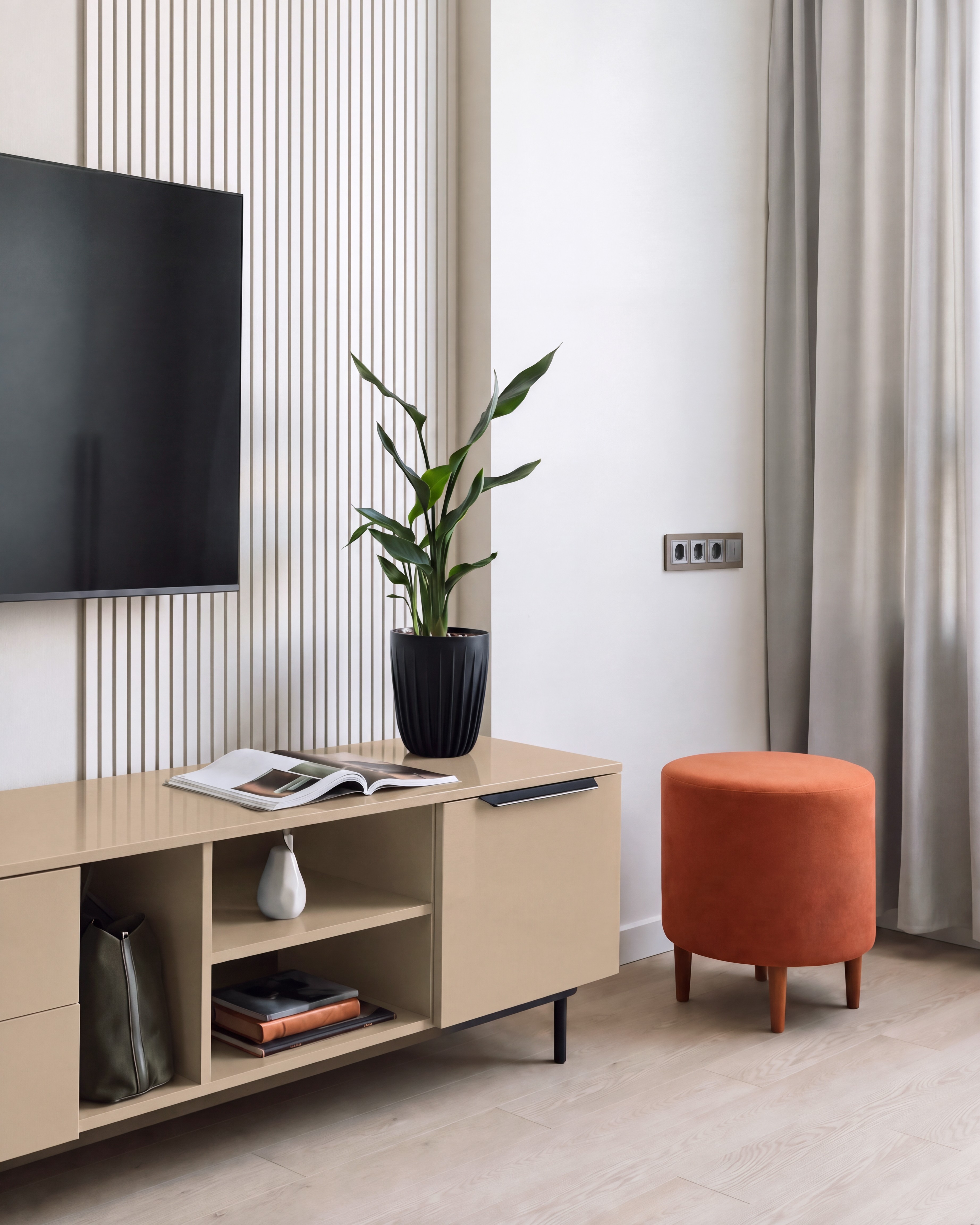 Living Room TV Console with Sand Beige Silky Suede Laminate