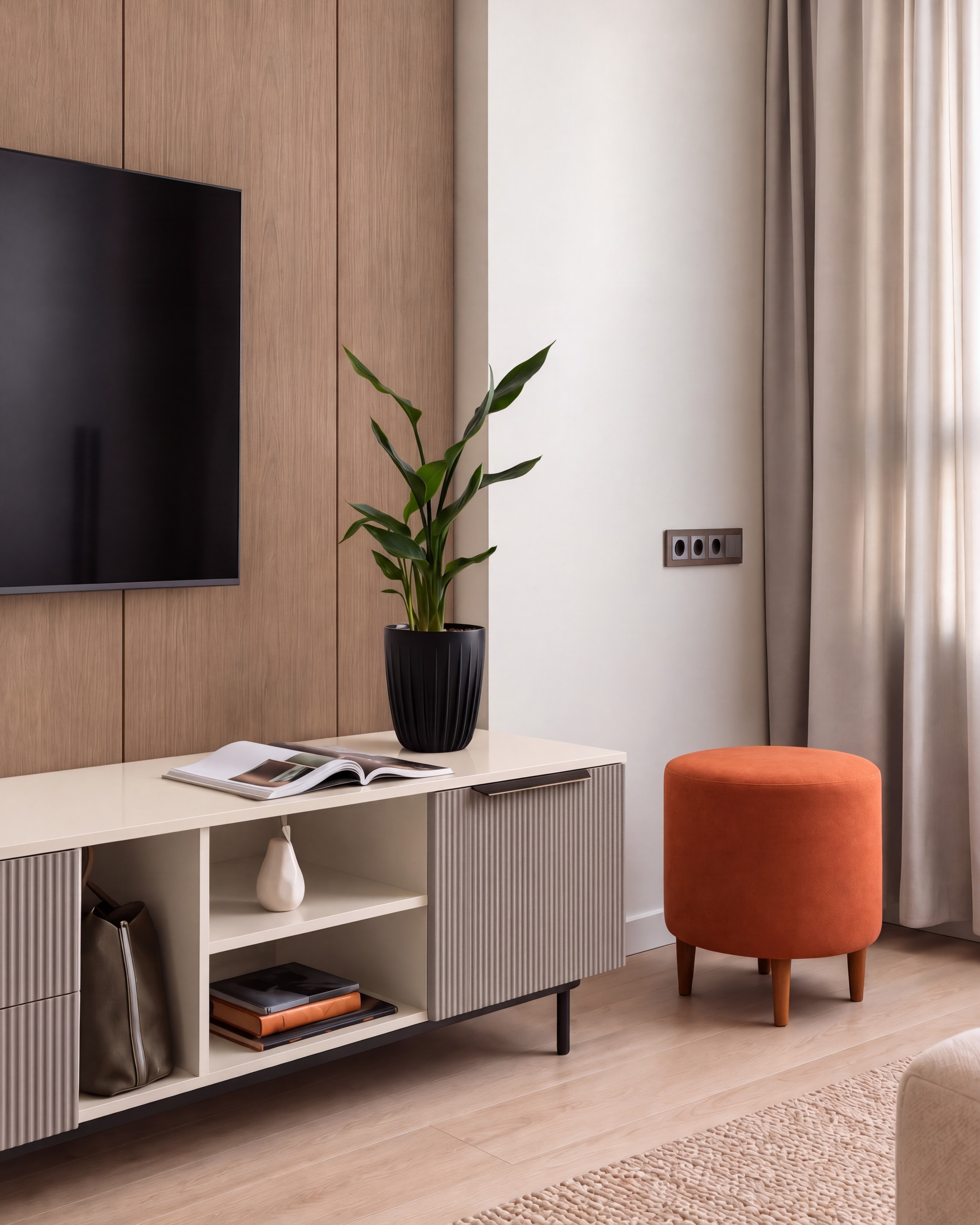 Living Room TV Unit with Almond Clay Micro-Fluted and Ivory White Suede Laminate