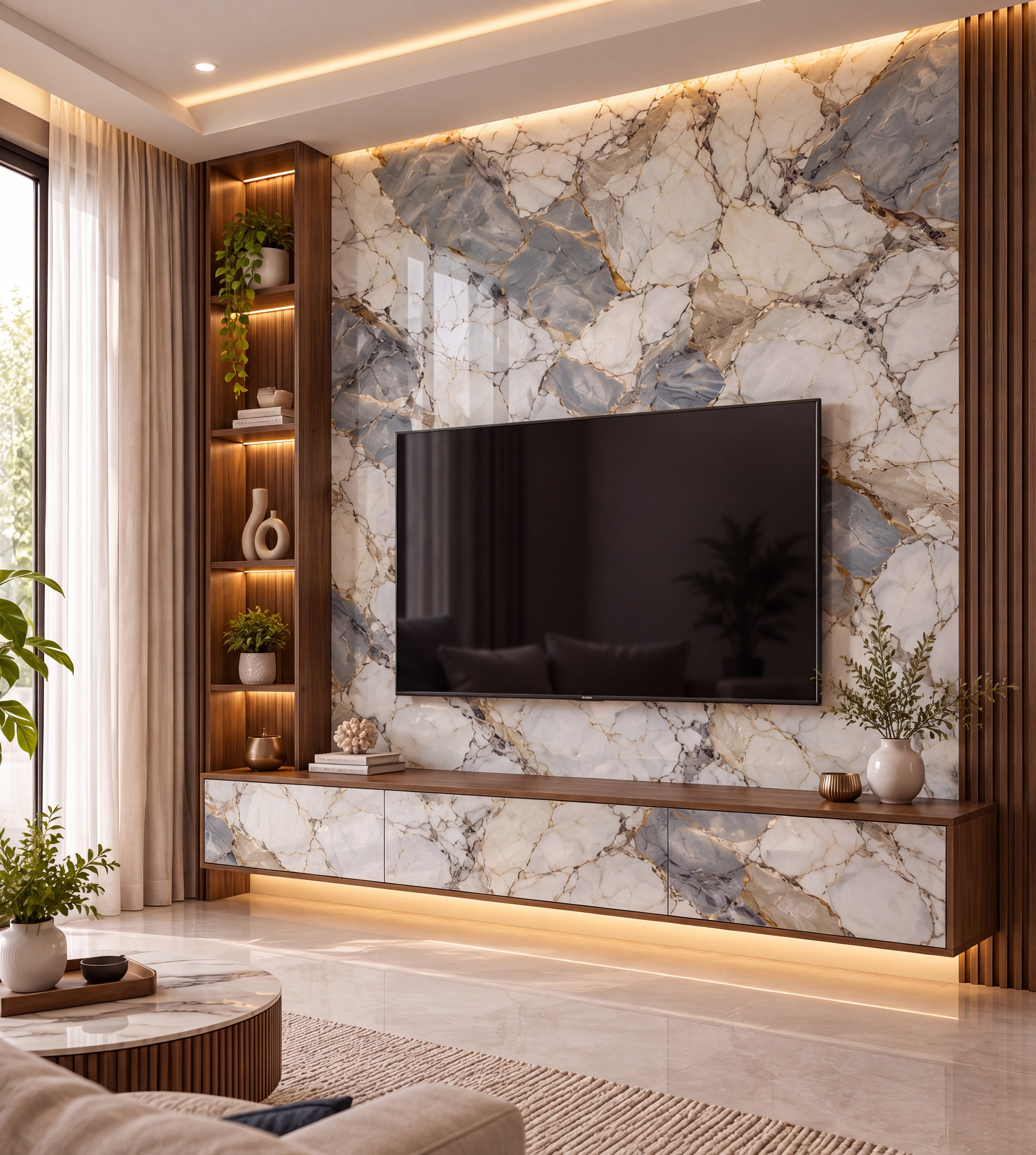 Living Room TV Unit with Celestial Veins Blue-Grey Marble Laminate and Walnut Louvers