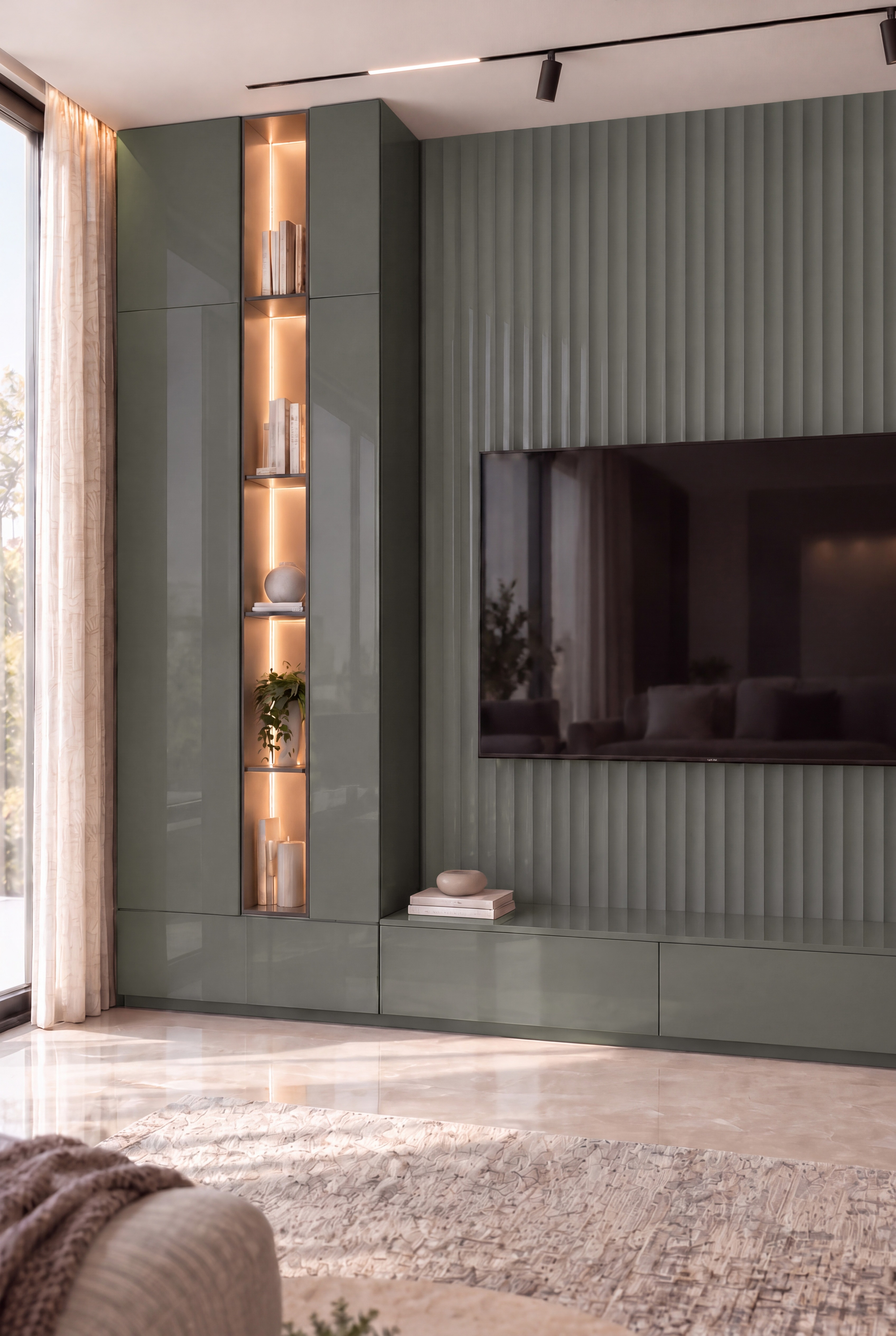 Living Room TV Unit with Charcoal Grey Fluted and Stone Grey Glossy Laminate