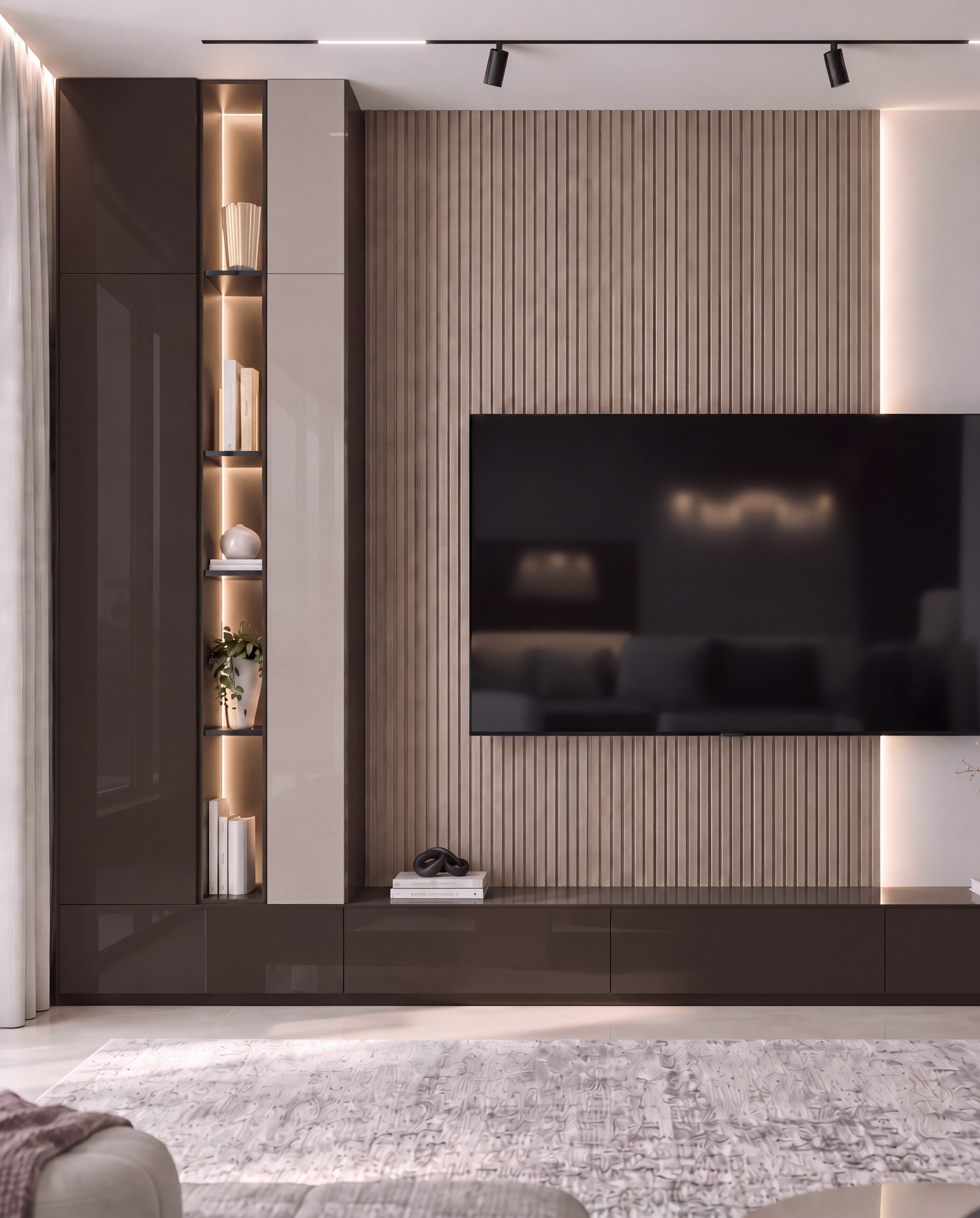 Living Room TV Unit with Deep Mahogany and Light Beige High-Gloss Laminate