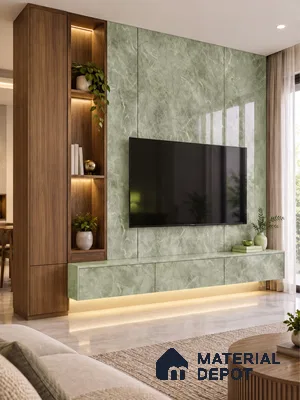 Living Room TV Unit with Green Marble-Look Laminate and Walnut Wood Panel