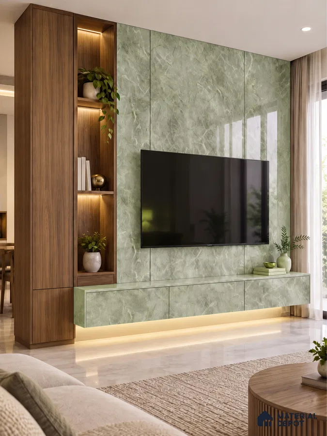 Living Room TV Unit with Green Marble-Look Laminate and Walnut Wood Panel