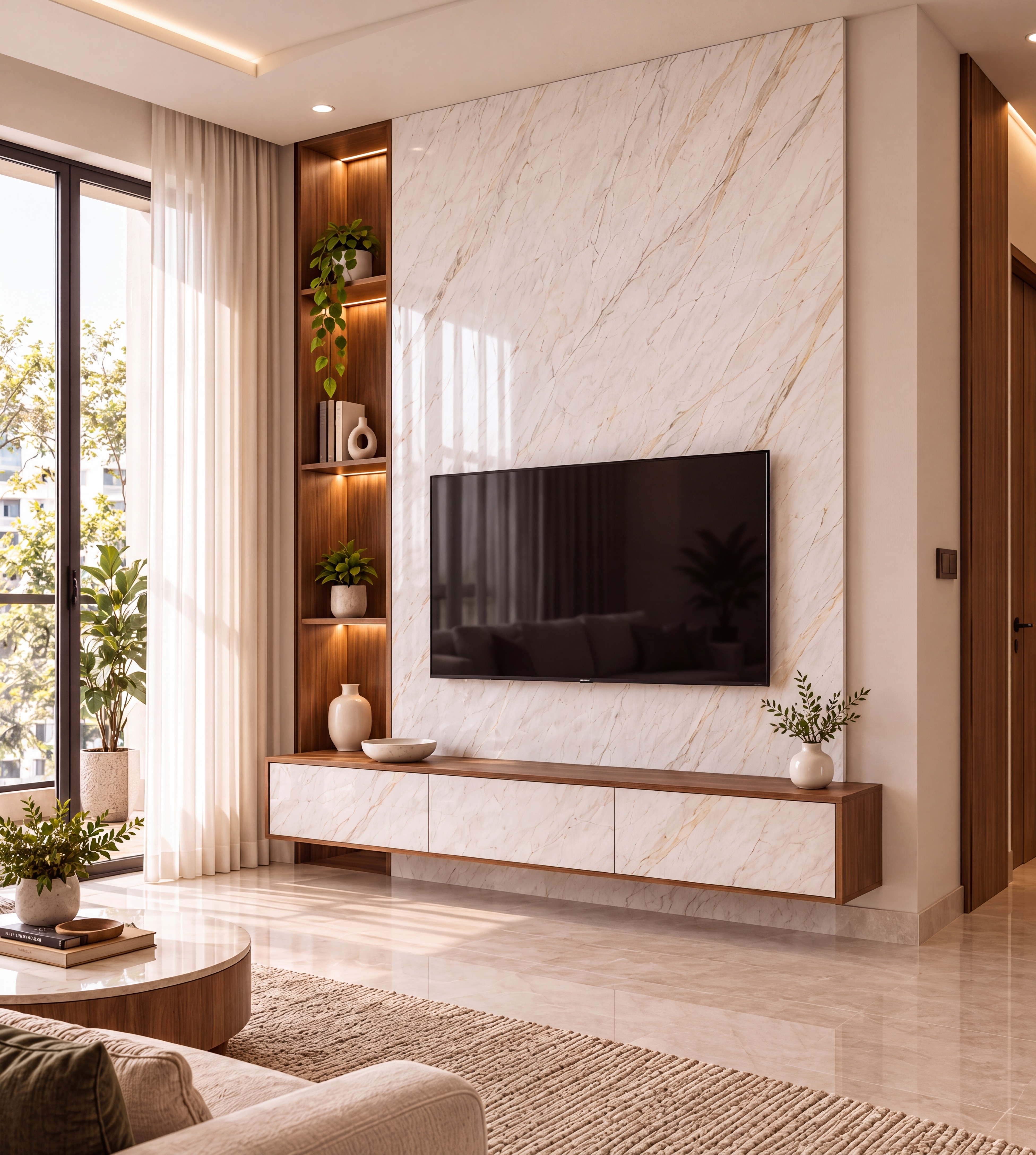 Living Room TV Unit with Ivory Pearl Marble-Look Laminate and Walnut Niche