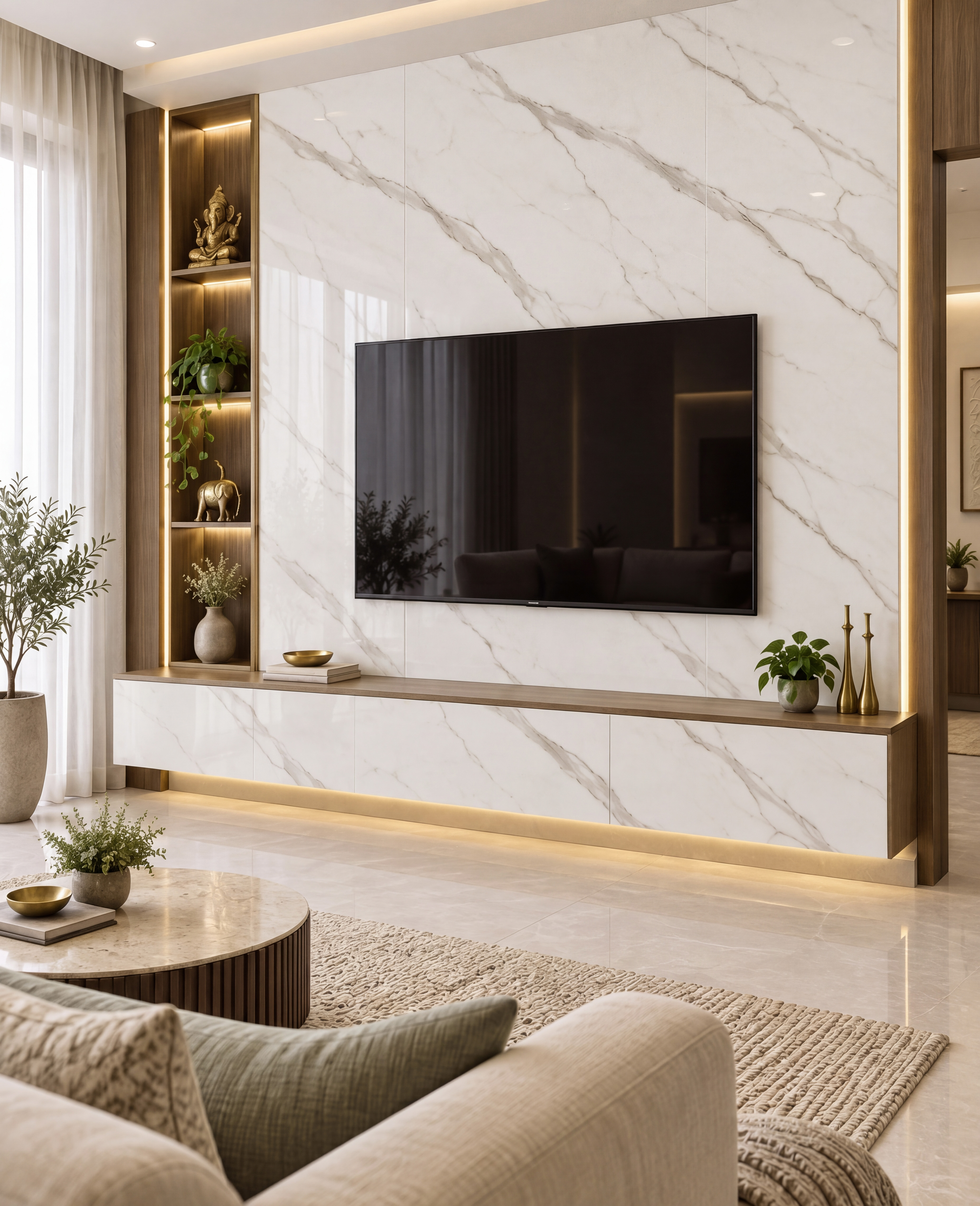Living Room TV Unit with White Calacatta Marble-Look Laminate Feature Wall