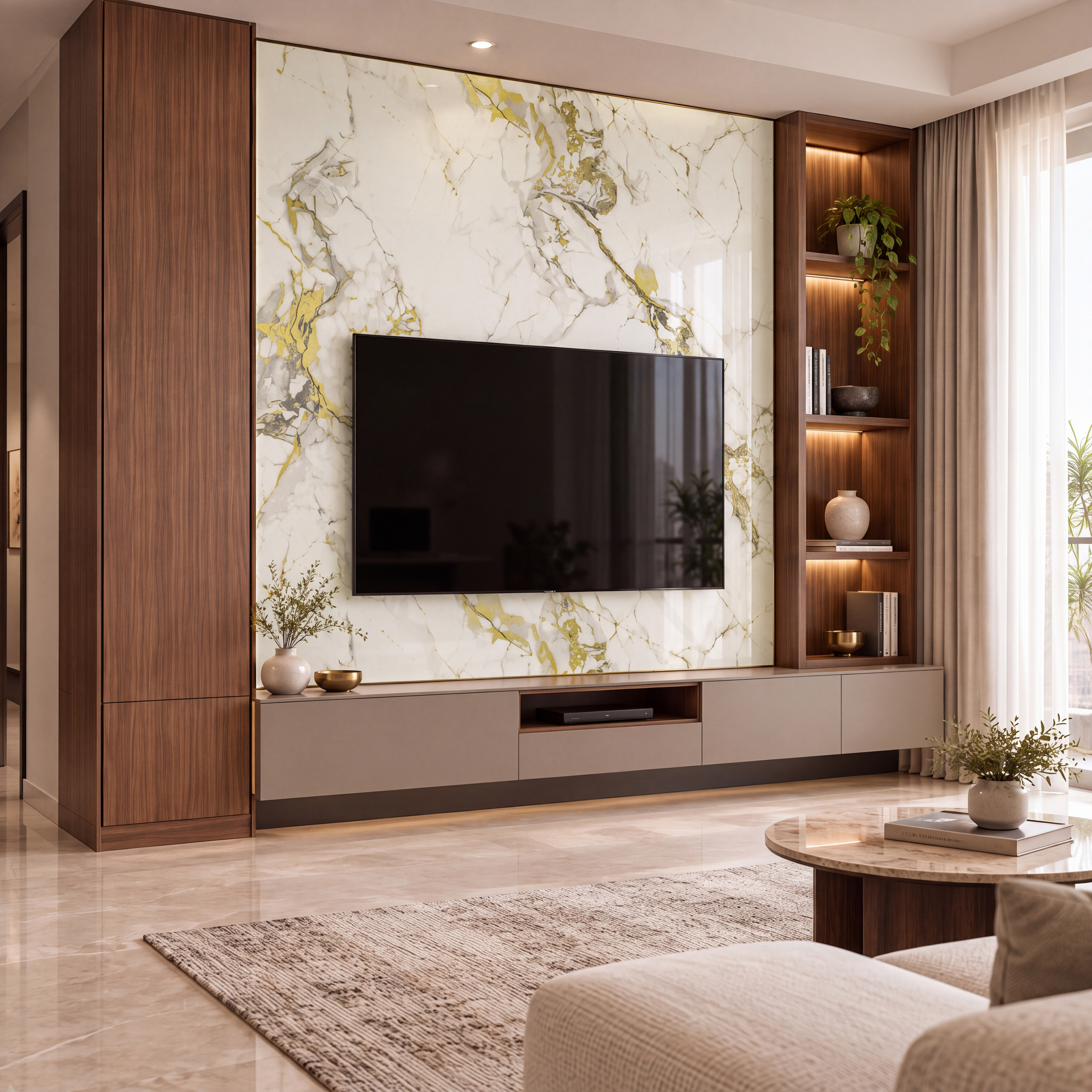 Living Room TV Unit with White-Gold Marble-Look Laminate and Walnut Wood Panels