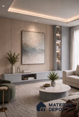 Living Room TV Unit with Wooden Fluted Wall Panel and Grey Laminate Media Console