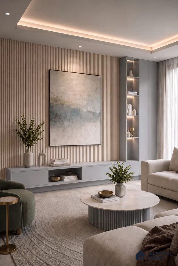 Living Room TV Unit with Wooden Fluted Wall Panel and Grey Laminate Media Console