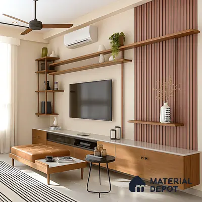 Living Room TV Wall with Floating Console Unit, Fluted Panel Backdrop, Open Display Shelves & Tan Bench Seating in Prestige Royal Garden Doddaballapur | Material Depot