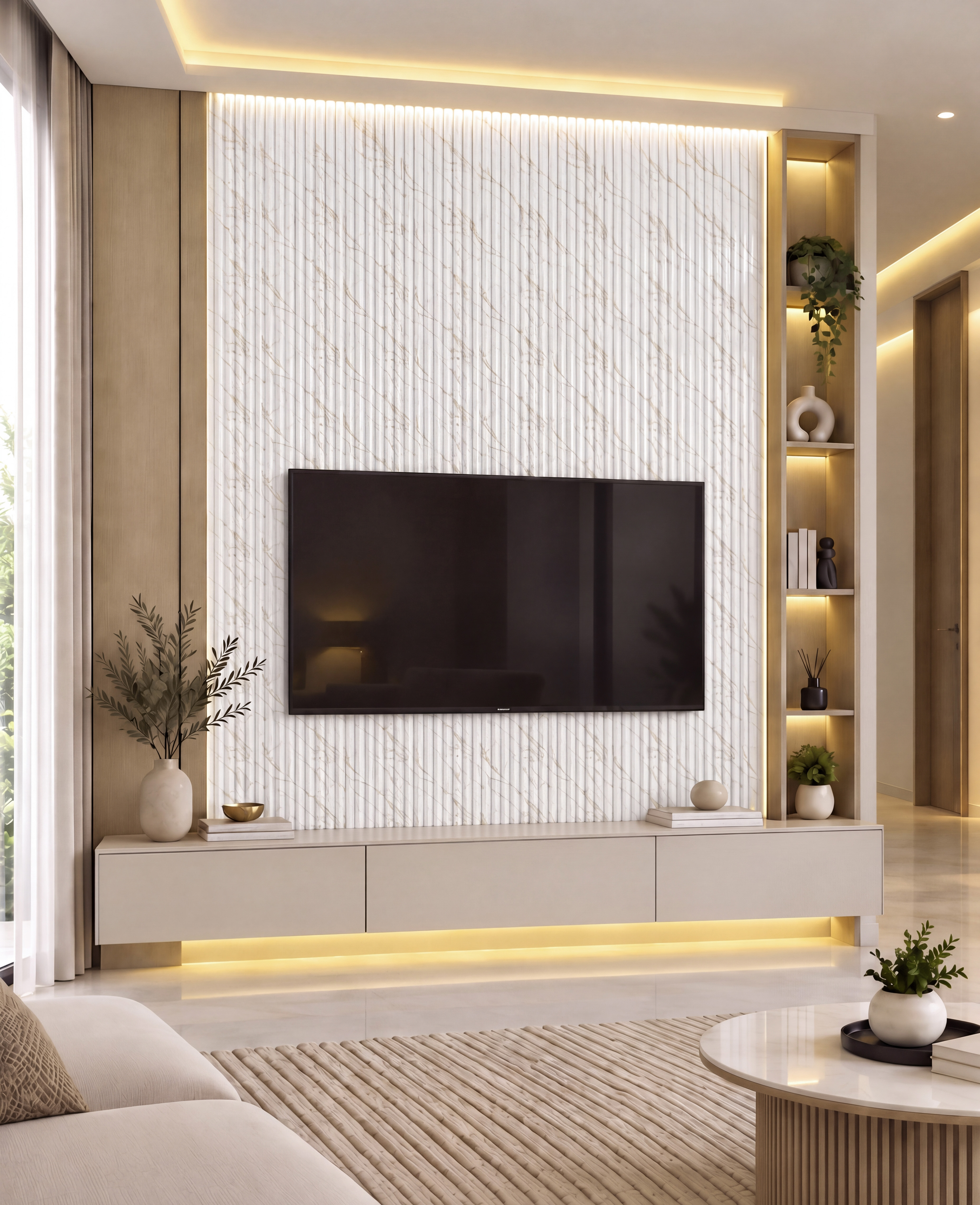 Living Room TV Wall with Golden Silk Cream Ribbed High-Gloss Laminate