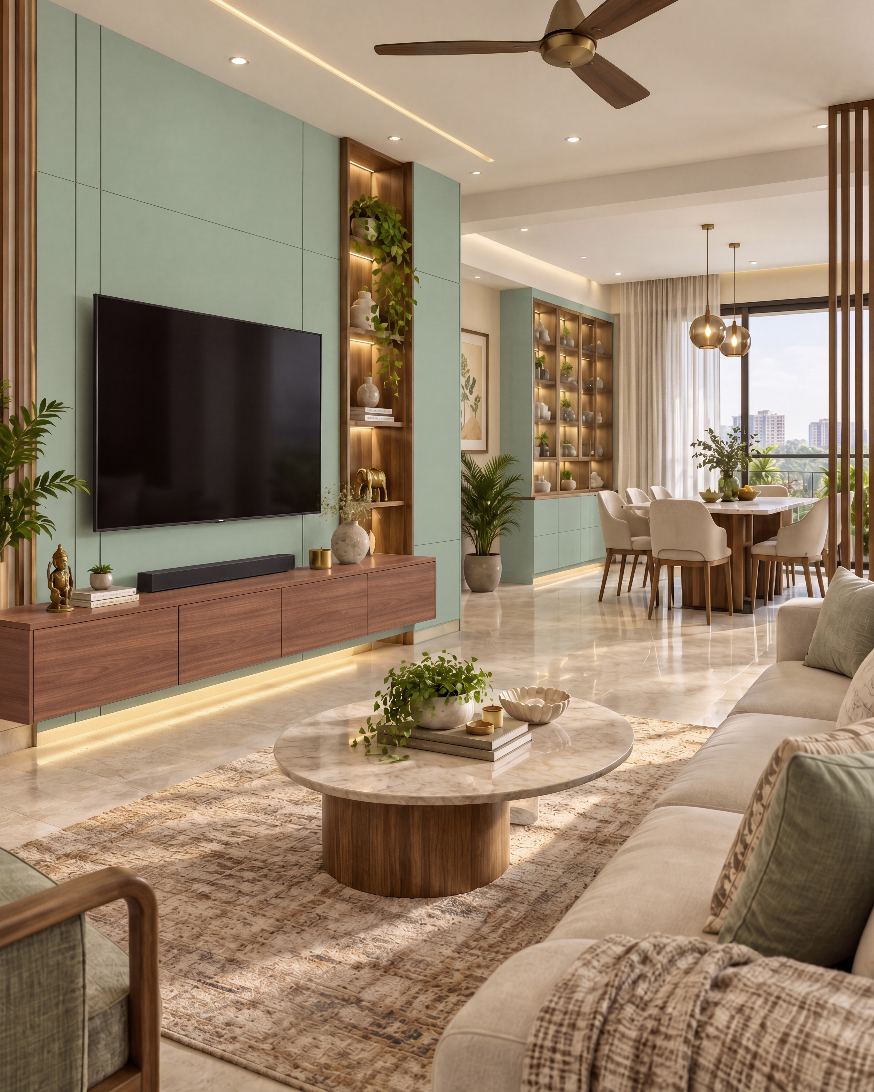 Living Room TV Wall with Mint Green Matte Laminate Panels and Walnut Console