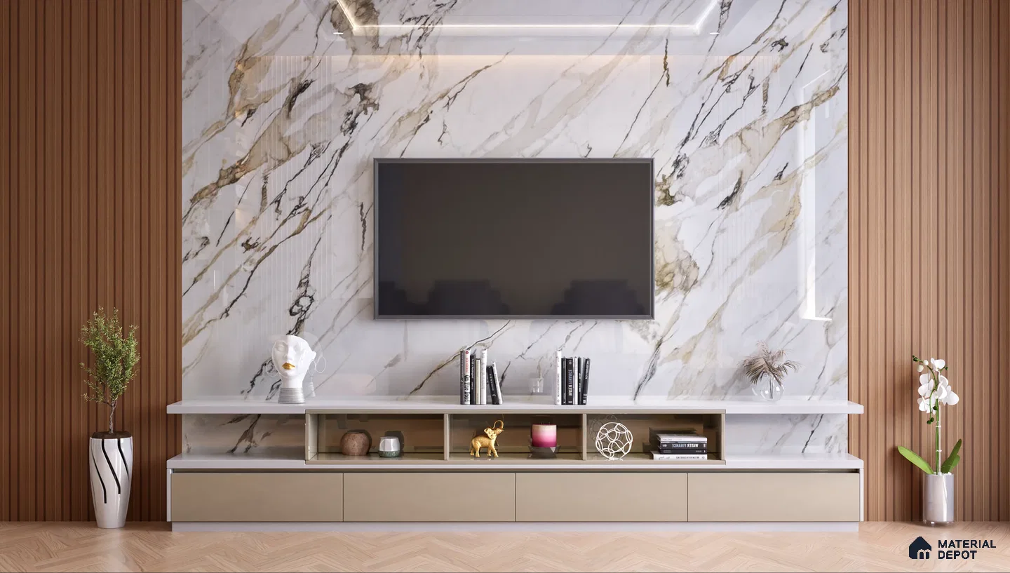 Living Room with Acrylic Marble Accent Wall and TV Console | Material Depot