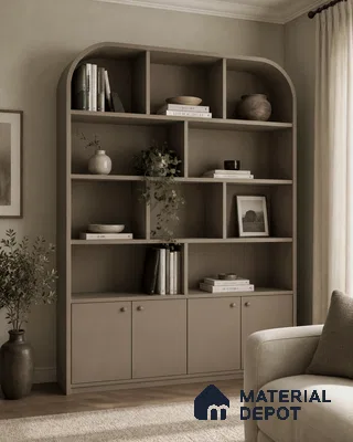 Living Room with Arched Taupe Laminate Display Unit and Wood-Look Floor Tile