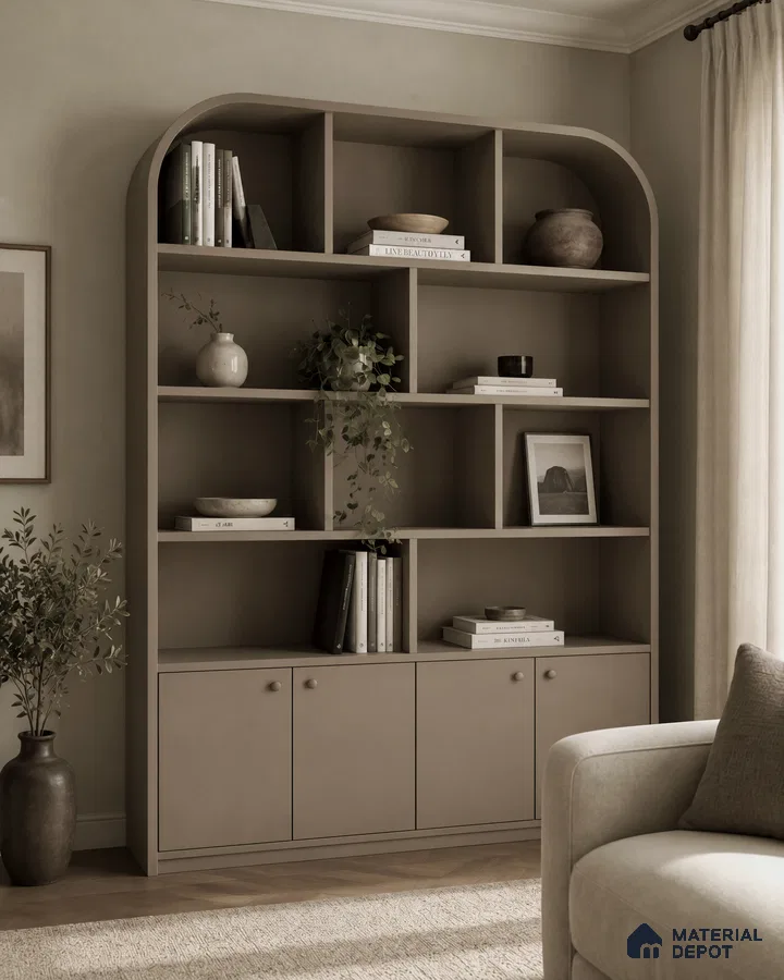 Living Room with Arched Taupe Laminate Display Unit and Wood-Look Floor Tile