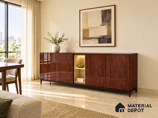 Living Room with Artistic Elm Glossy Wood-Look Laminate Sideboard and Marble Floor