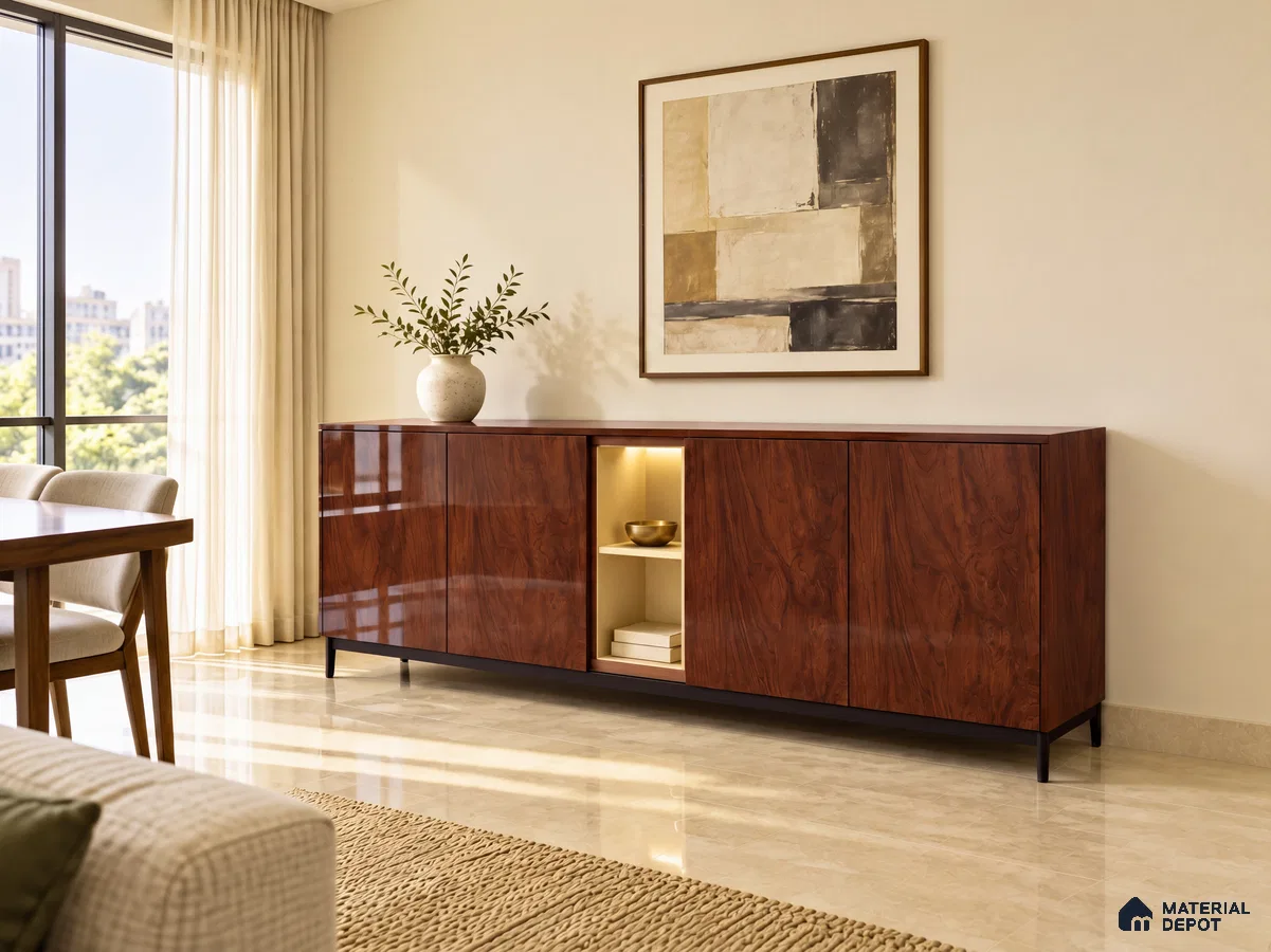 Living Room with Artistic Elm Glossy Wood-Look Laminate Sideboard and Marble Floor
