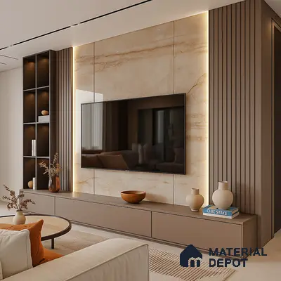 Living Room with Backlit Marble TV Wall Panel, Fluted Side Panels, Minimal Floating TV Unit & Warm Neutral Styling in Prestige Royal Garden Doddaballapur | Material Depot