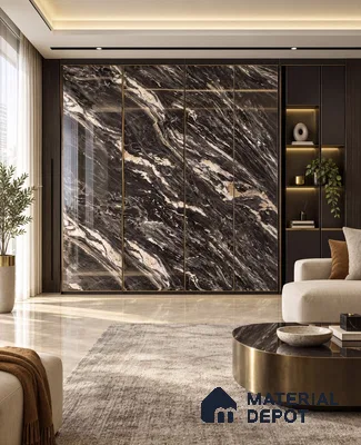 Living Room with Black and Gold Marble-Look High-Gloss Laminate Feature Wall