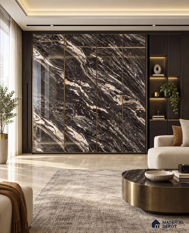 Living Room with Black and Gold Marble-Look High-Gloss Laminate Feature Wall
