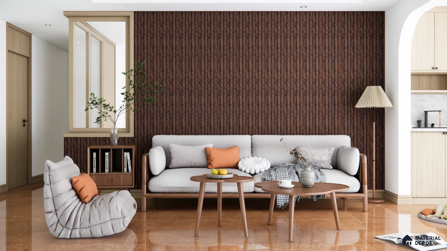 Living Room with Deep Charcoal Fluted Panels and Warm Neutral Decor | Material Depot